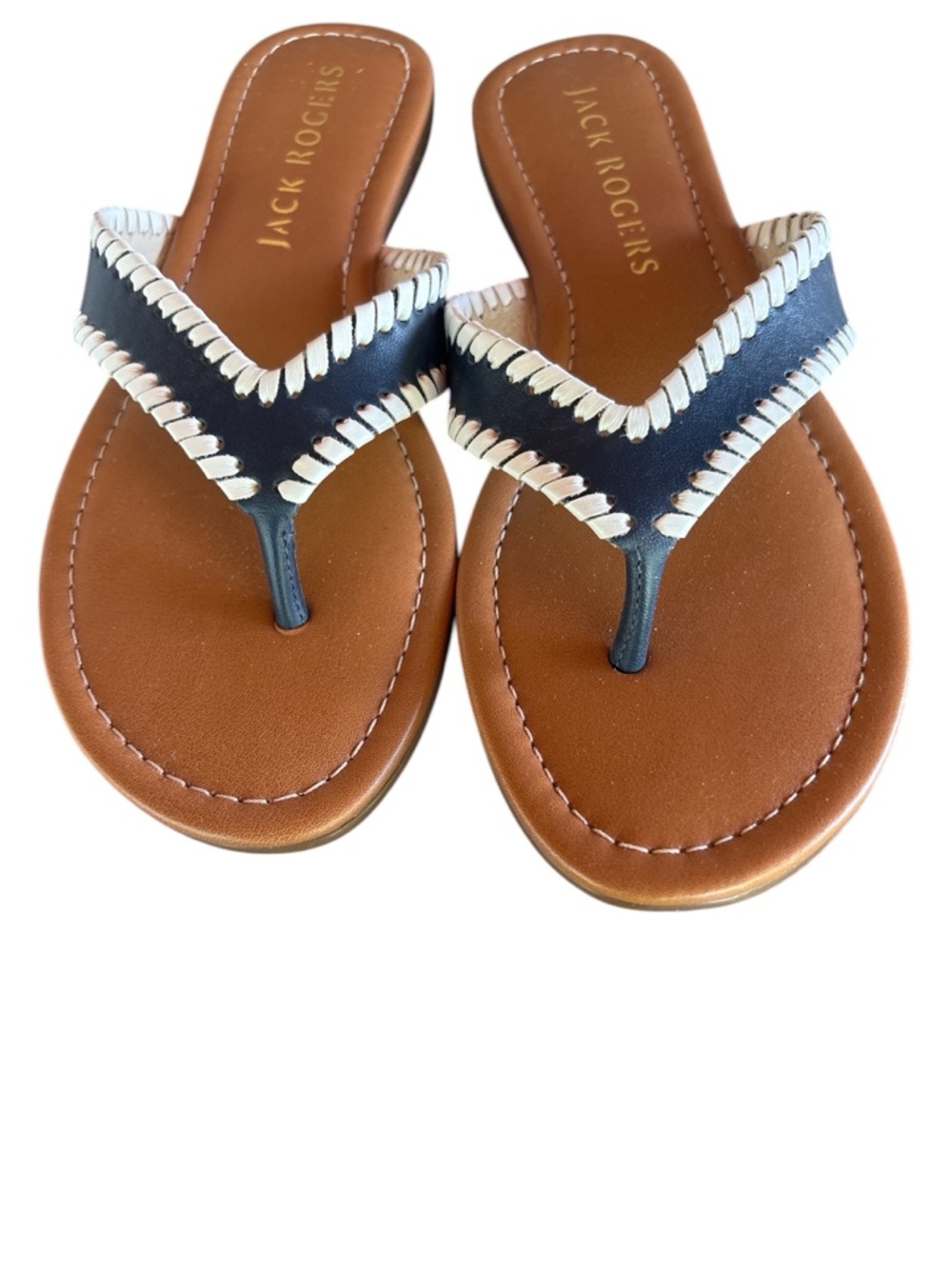 Jack Rogers Navy and Brown Leather Whipstitch Thong Sandals